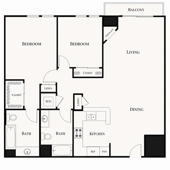 A black and white image of a floor plan for a home with a balcony, two bedrooms, a living room, a dining area, a kitchen, two bathrooms, a laundry area, a closet, a lin